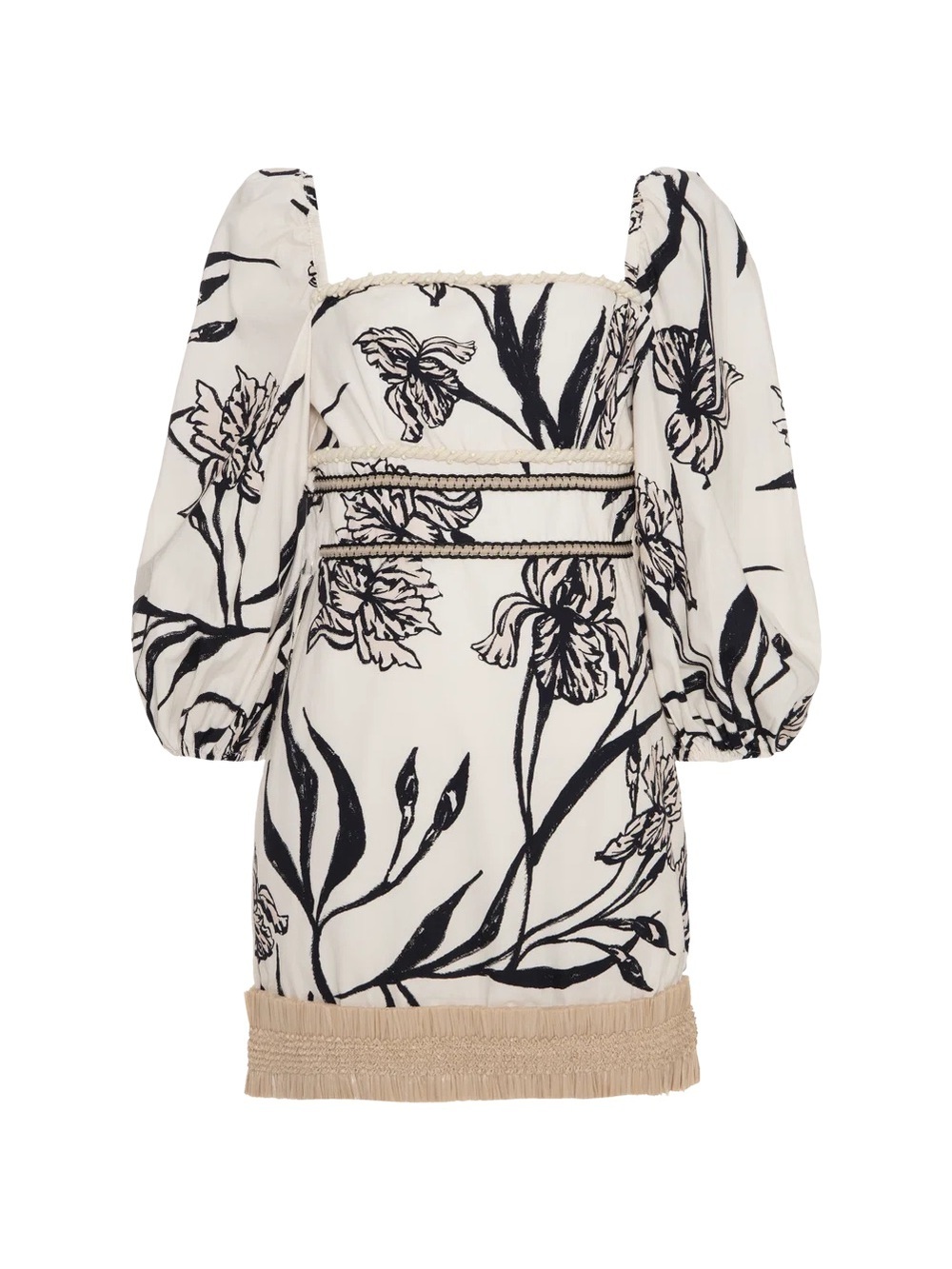 PatBO Iris Off White Floral Mini Dress Puff Sleeve Fringe Raffia Hem - 6